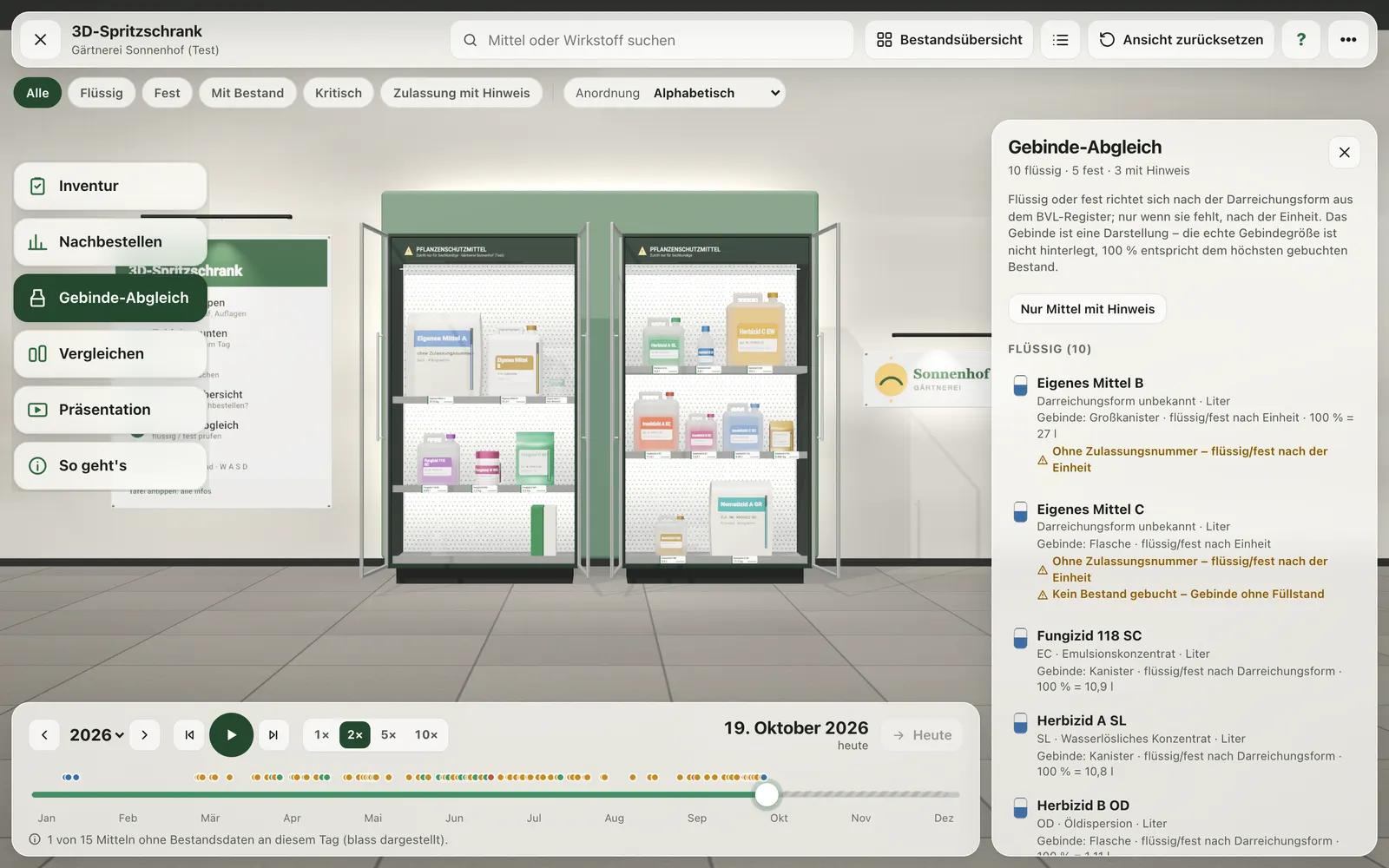 Gebinde-Abgleich im 3D-Spritzschrank: Mittel nach flüssig und fest mit Hinweisen zu Einheit und Darreichungsform.