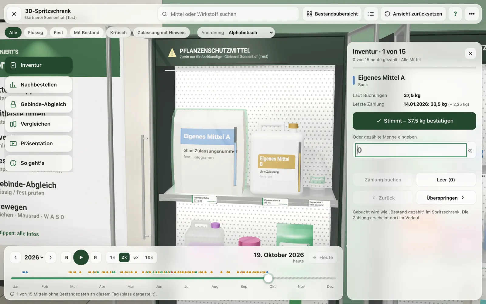 3D-Spritzschrank im Inventur-Modus: Mittel 1 von 15 mit Knopf „Stimmt – bestätigen“, Eingabe der gezählten Menge und „Leer (0)“