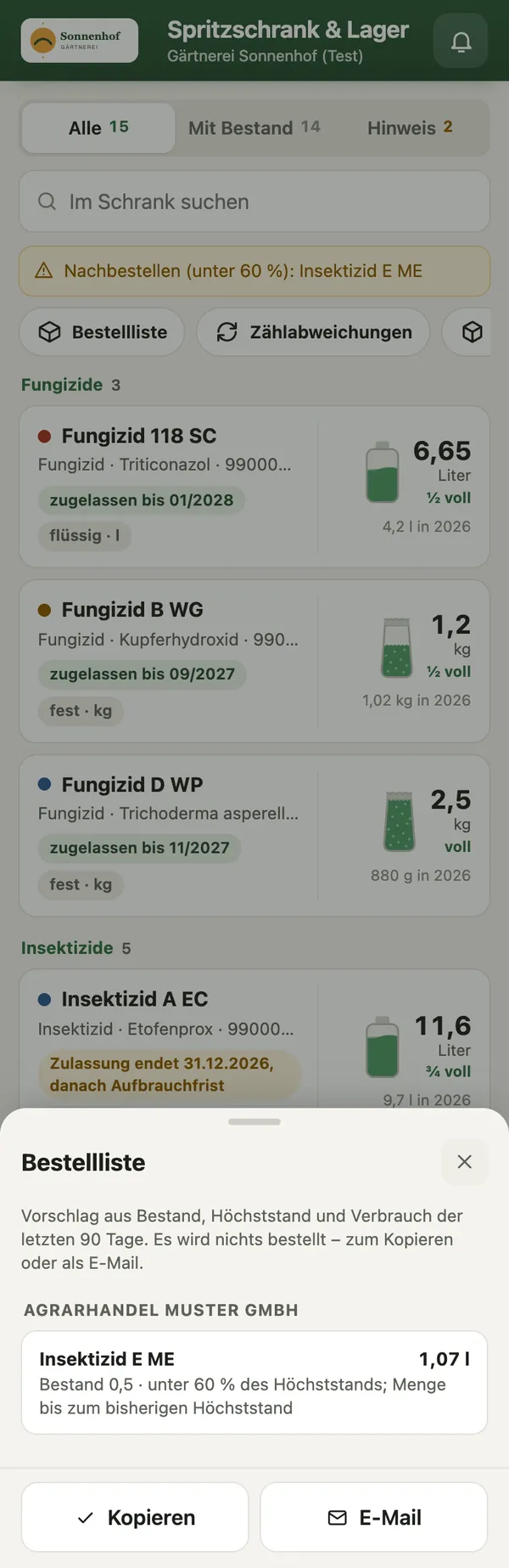 App-Ansicht: Bestellliste je Lieferant mit vorgeschlagener Menge und Begründung, Knöpfe Kopieren und E-Mail