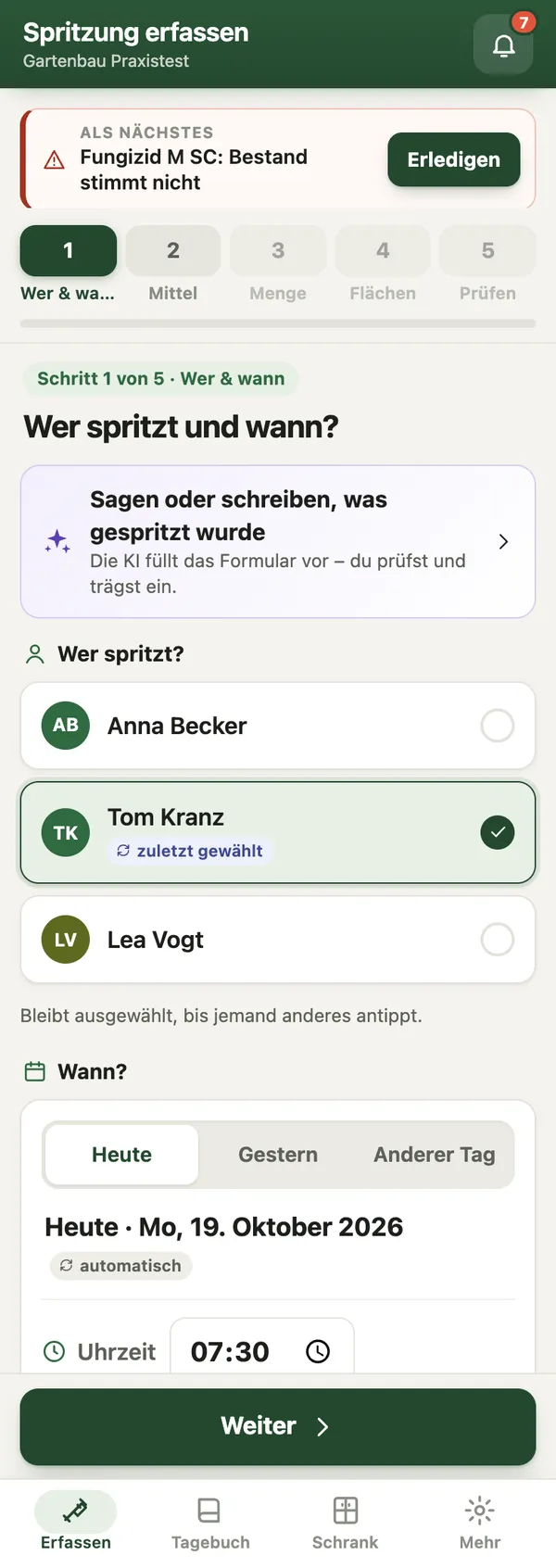 Echte App-Ansicht: Erfassung mit „Als Nächstes“-Hinweis oben
