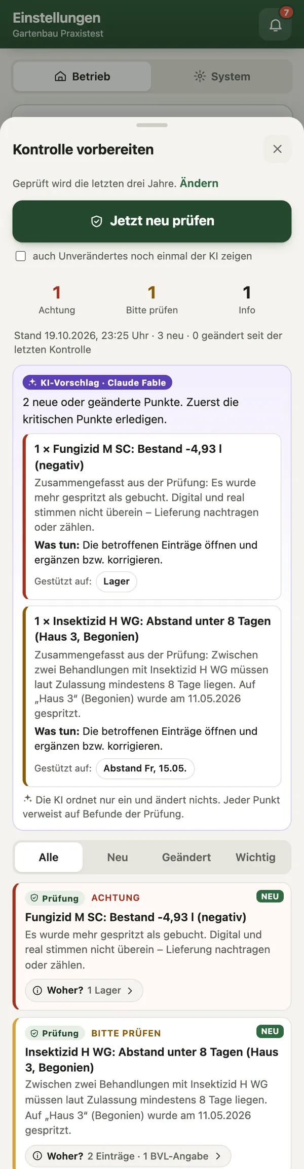 App-Ansicht: Kontrolle vorbereiten mit Befunden nach Wichtigkeit und Einordnung