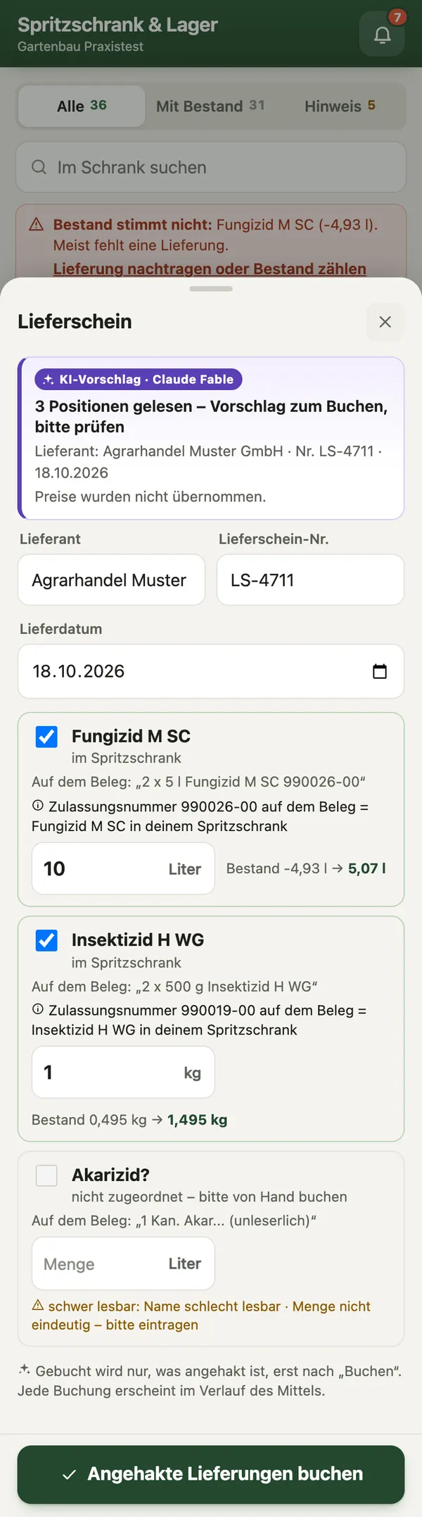 Echte App-Ansicht: Lieferschein gelesen und Positionen zum Buchen angehakt