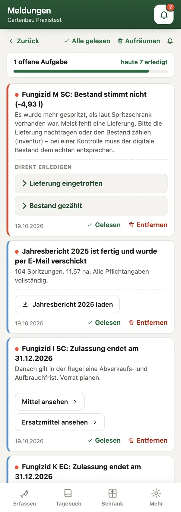 Echte App-Ansicht: Meldungen mit offener Aufgabe, „Direkt erledigen“, Jahresbericht und Zulassungsende
