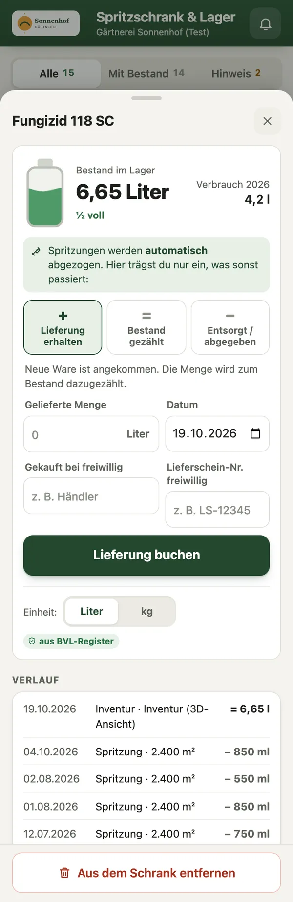 App-Ansicht: Mittel-Detail mit Bestand, Buchung von Lieferung, Zählung oder Entsorgung und Verlauf