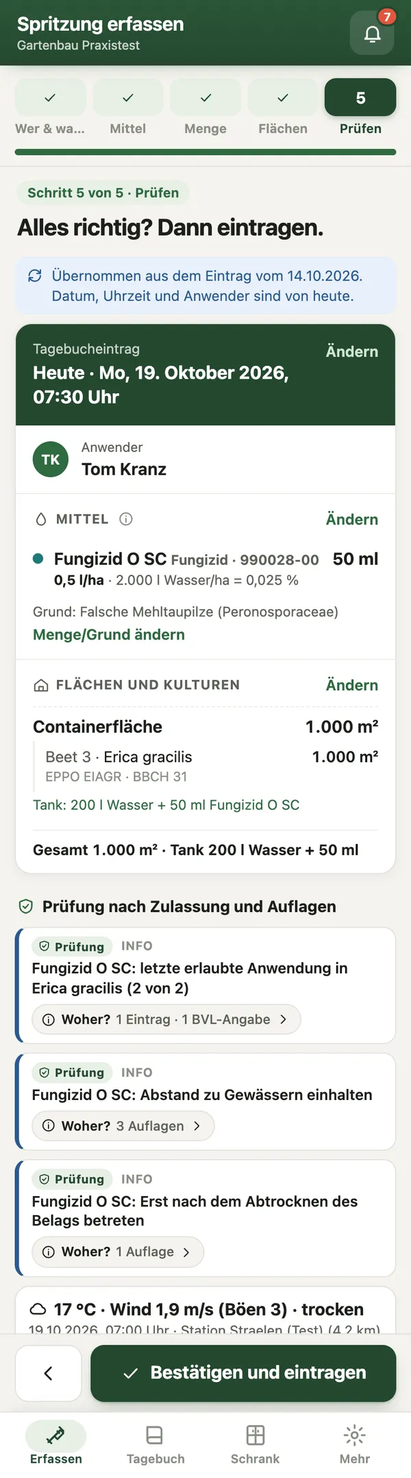 App-Ansicht: Prüfung einer Spritzung nach Zulassung und Auflagen mit Hinweisen und Wetterdaten