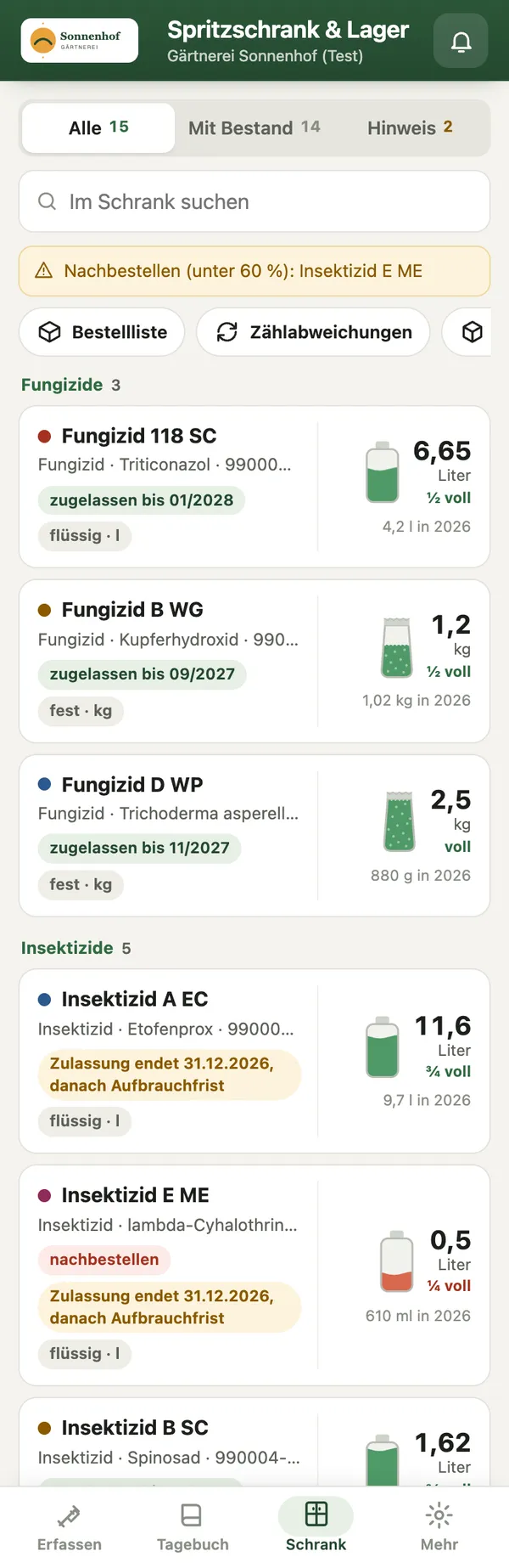 App-Ansicht: Spritzschrank als Liste mit Füllständen und Zulassungsstatus